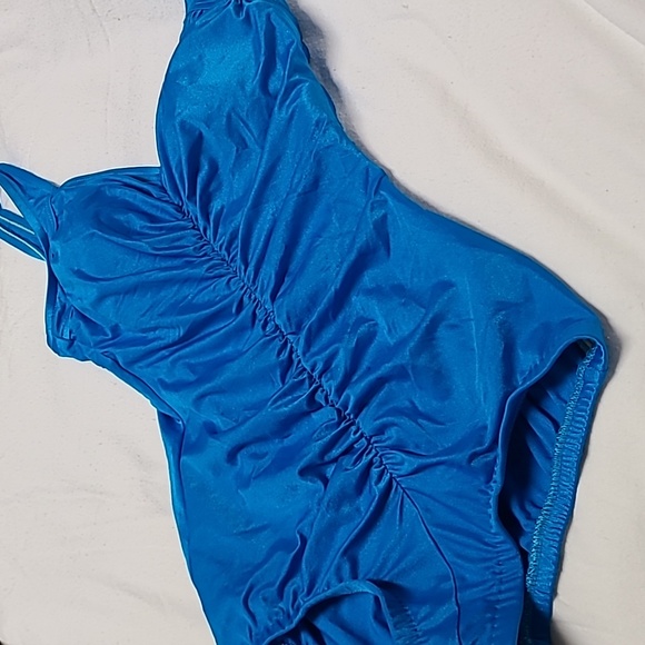 1980s Maxine of Hollywood Turquoise Blue One Piece Ruched Swimsuit Sz 14 - Picture 13 of 13